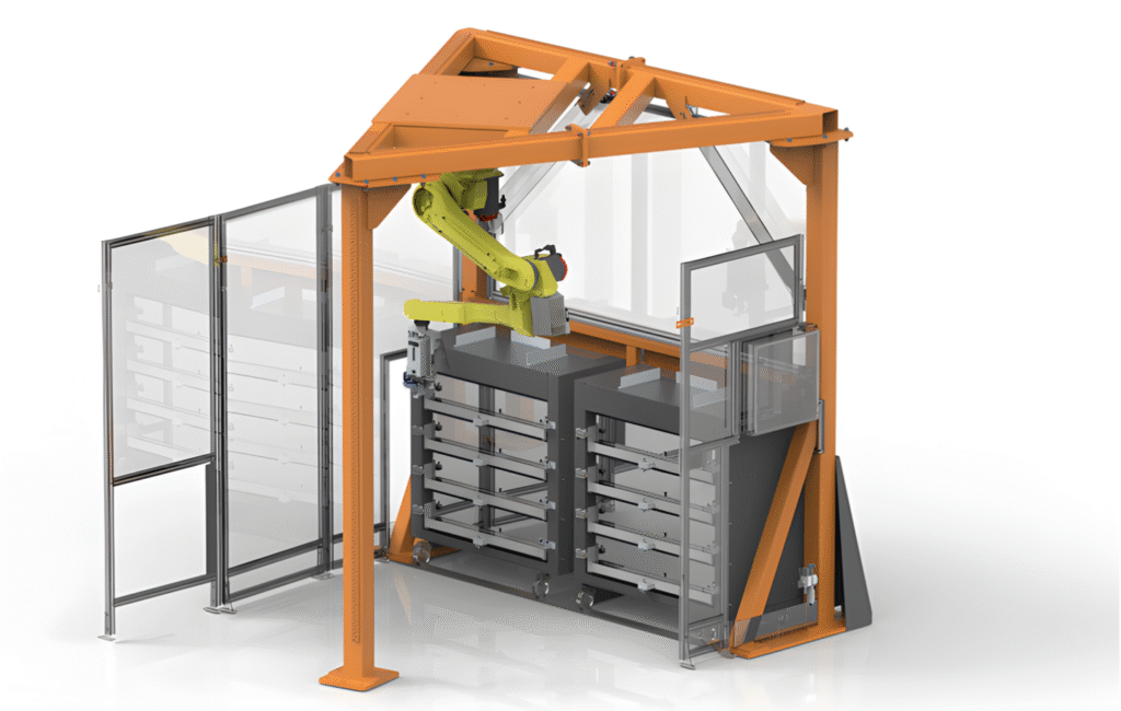 Agile Engineered Machine Loading System integrating robot for machine tools and laser automation for advanced manufacturing automation solutions.