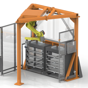 Système de chargement de machines à conception agile intégrant un robot pour les machines-outils et l'automatisation laser pour solutions avancées d'automatisation de la fabrication.