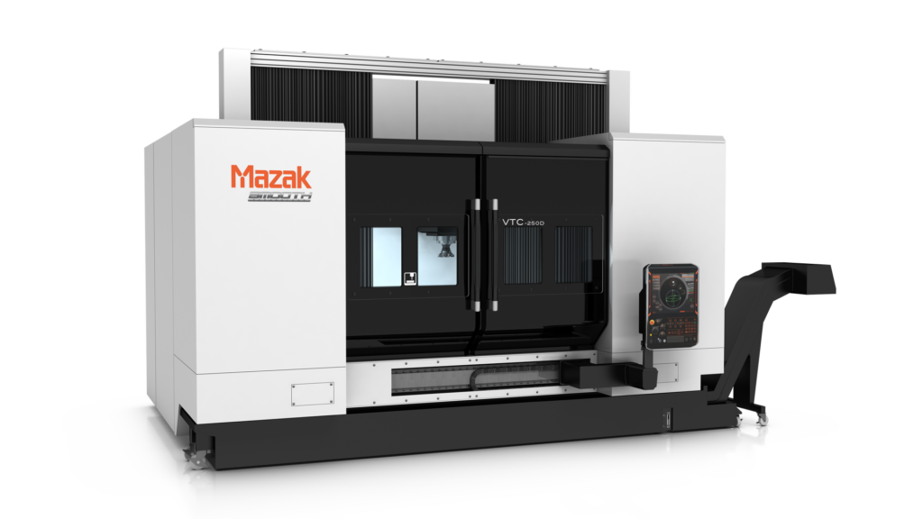 Mazak VTC-250D vertical machining center with traveling column VMC and fixed table vertical mill design, 50-taper spindle, and SmoothG control for precision machining.