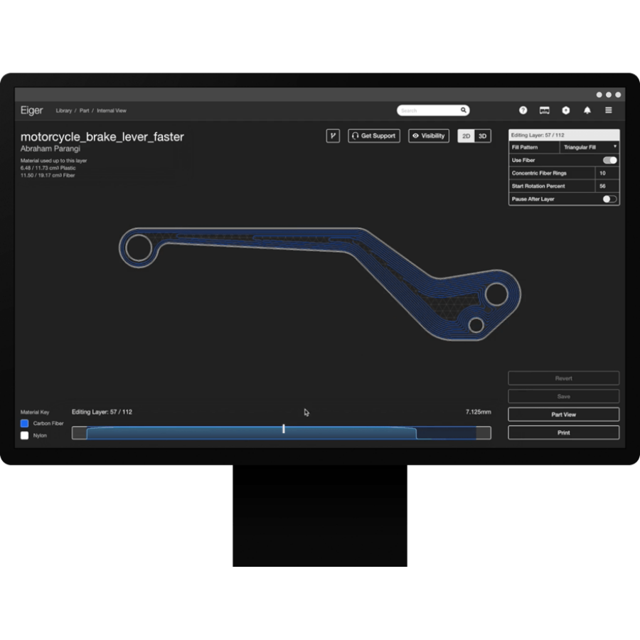Interface du logiciel d'impression 3D Eiger montrant la configuration d'impression 3D à fibre continue pour un levier de frein de moto à l'aide d'un logiciel de fabrication additive basé sur le cloud.