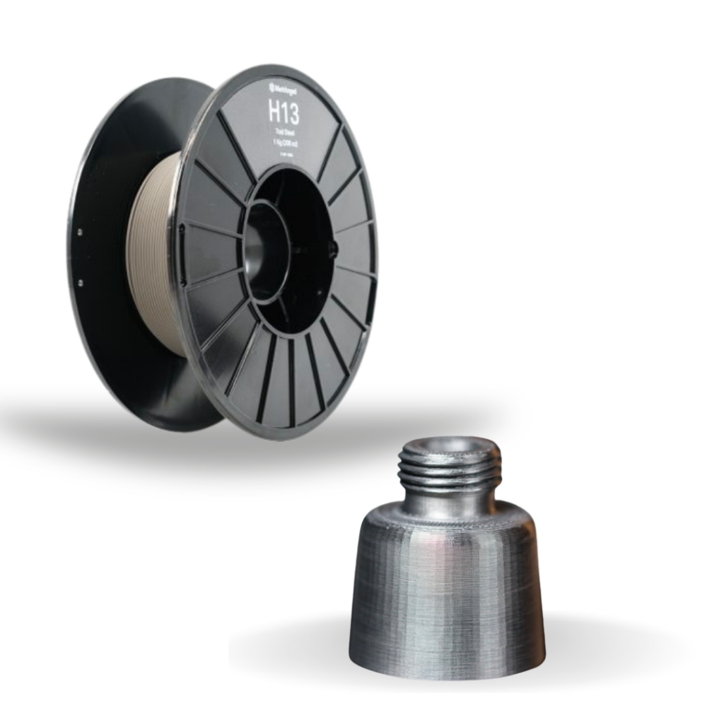 H13 tool steel 3D printing material spool and part for hardened metal manufacturing, mold insert 3D printing, and high-wear tooling parts.