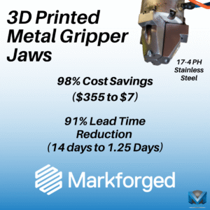 3D printed metal gripper jaws in 17-4 PH stainless steel showing cost savings and reduced lead time using additive manufacturing.
