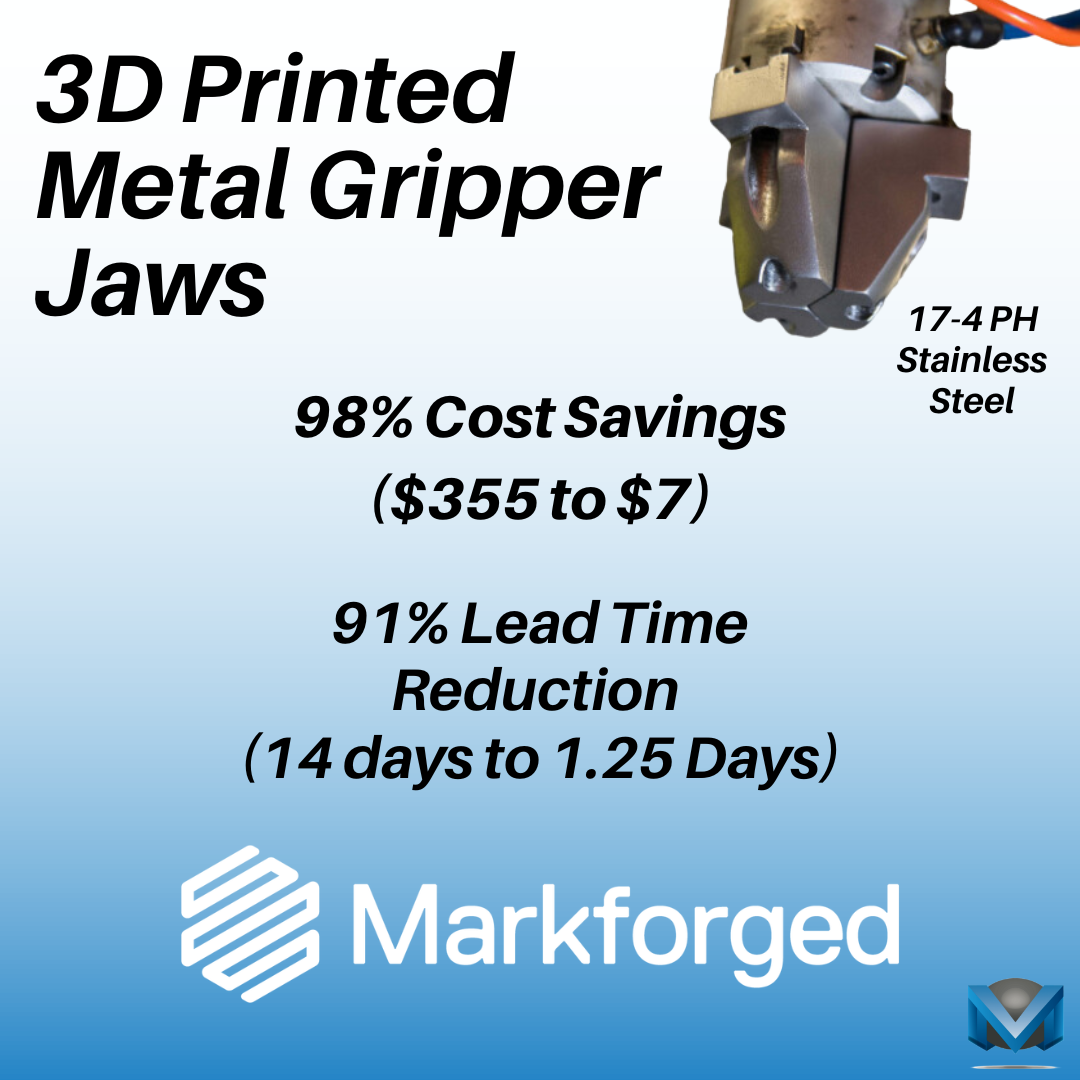 3D printed metal gripper jaws in 17-4 PH stainless steel showing cost savings and reduced lead time using additive manufacturing.
