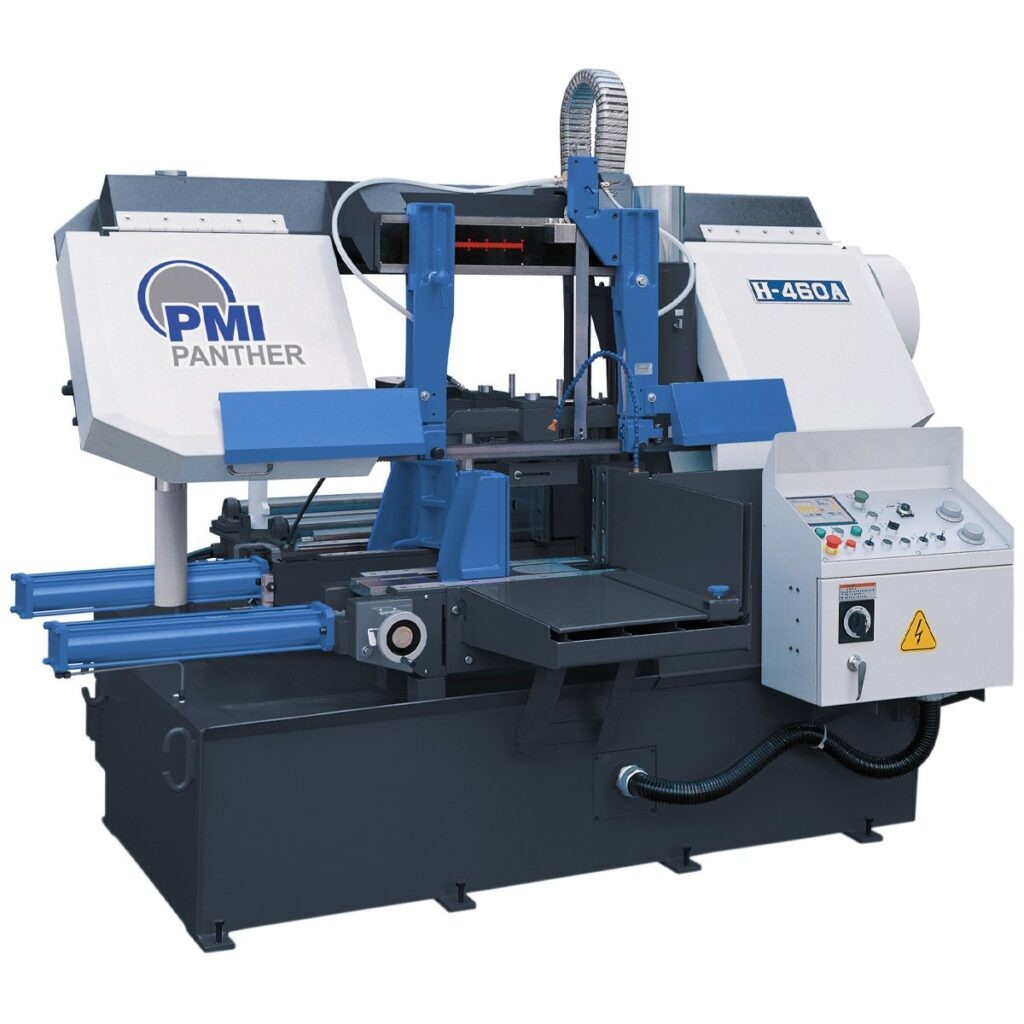 PMI Panther H-460A bandsaw for cutting large steel stock with automatic bandsaw machine for high volume production and metal cutting bandsaw with automatic feed system