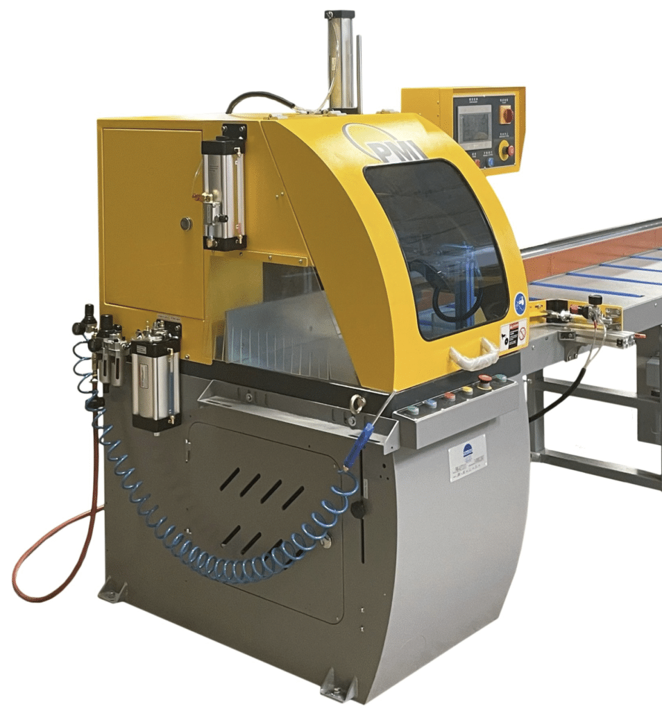 PMI-24 CNC Auto Upcut Saw, 24 inch automatic aluminum cutoff saw, CNC extrusion length cutting saw and servo feed aluminum profile saw.