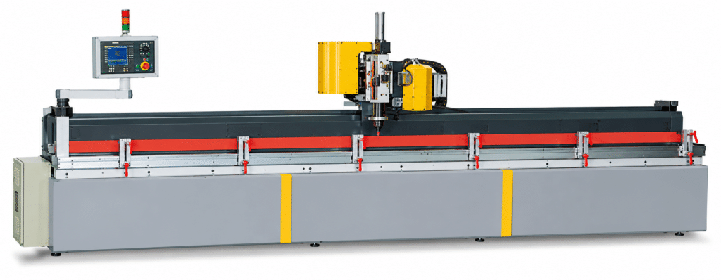 PMI-Auto DS automatic aluminum drilling and sawing machine with CNC profile drilling and integrated profile cutoff system.