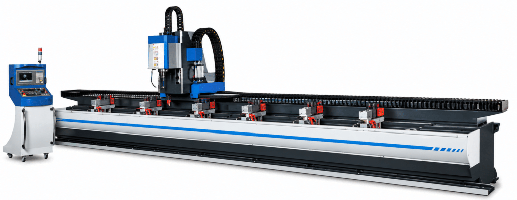 PMI-CNC E-Type 3-Axis Profile Machining Center, dual-zone aluminum extrusion machining center for long extrusion CNC machining and pendulum production.