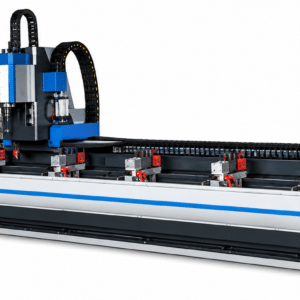 PMI-CNC E-Type 3-Axis Profile Machining Center, dual-zone aluminum extrusion machining center for long extrusion CNC machining and pendulum production.