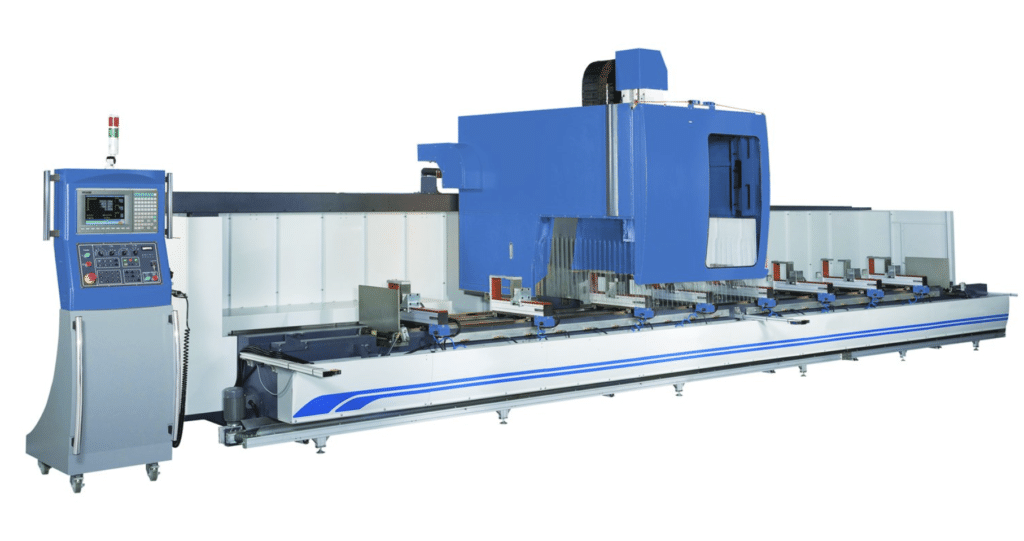 PMI-CNC S-Type 4-Axis Profile Machining Center, 4-axis aluminum extrusion machining center for multi-side CNC profile machining with rotating spindle.