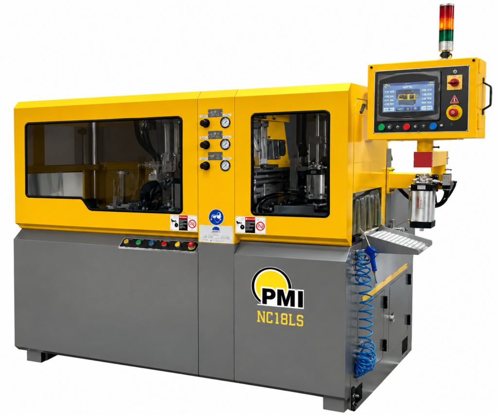 PMI-NC18 LS-Type Fully Automatic Saw, compact automatic aluminum cutoff saw, servo feed aluminum saw and 18 inch production crosscut saw.