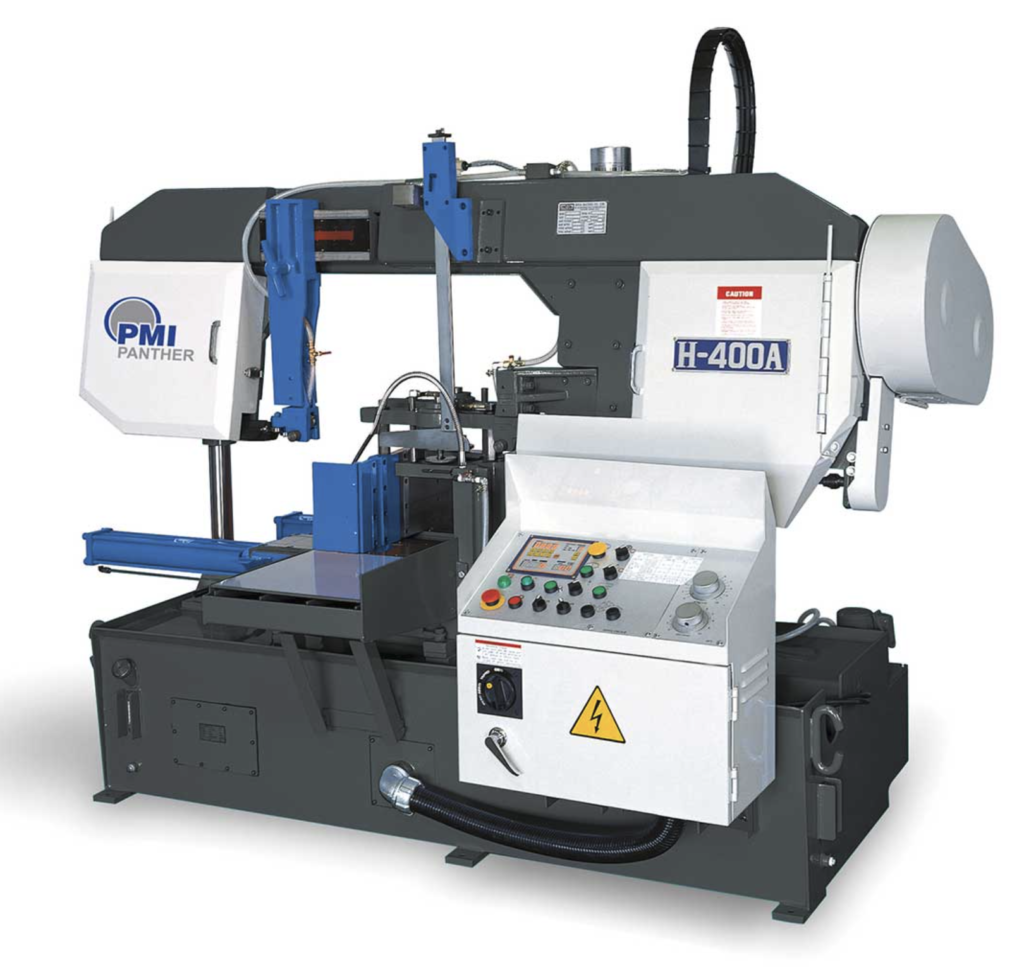 PMI Panther H-400A, a 16 inch automatic bandsaw featuring dual column construction for automated metal cutting of industrial bar stock.