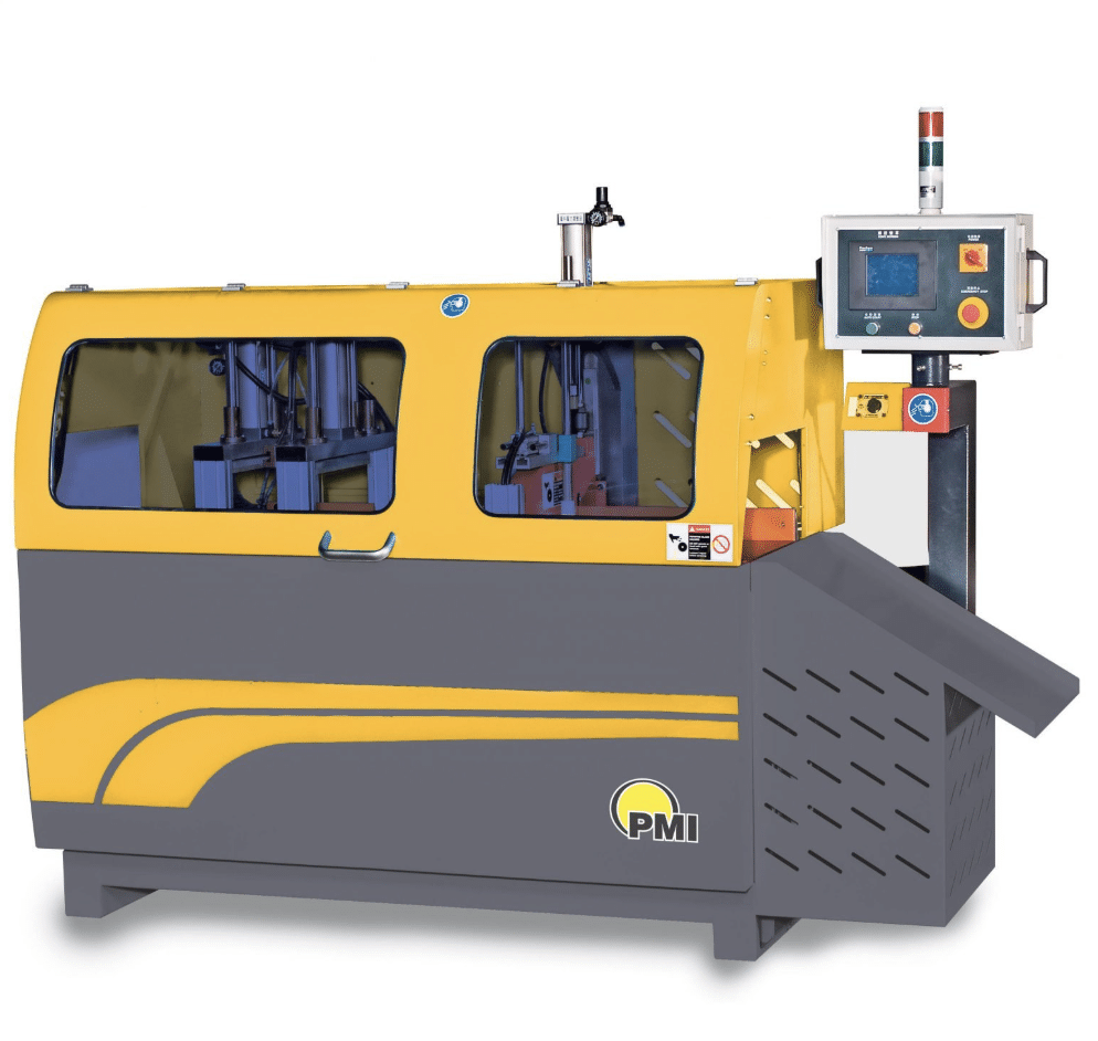 PMI-455 A-Type Fully Automatic Upcut Saw, automatic aluminum saw, bundle cutting upcut saw and ballscrew servo indexing saw.