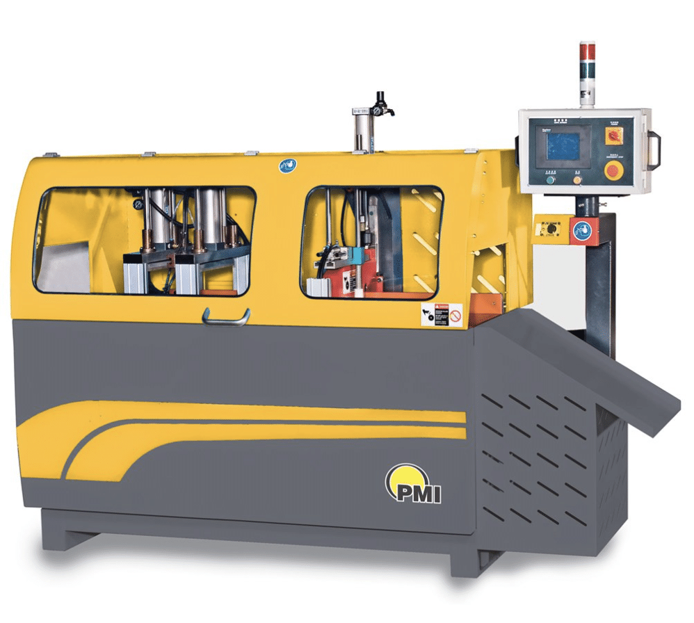 PMI-610 A-Type Fully Automatic Upcut Saw, 24 inch bundle cutting aluminum saw, large profile servo indexing saw and Pat Mooney Machine solutions.