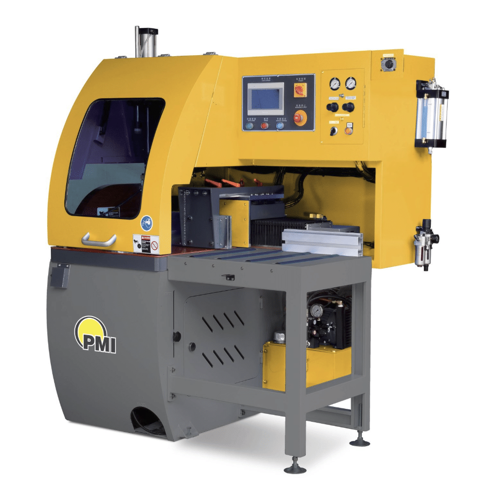 PMI-18 DB-Type Fully Automatic Upcut Saw, servo indexing aluminum upcut saw, 90 degree nonferrous production saw and automatic aluminum extrusion cutoff saw.