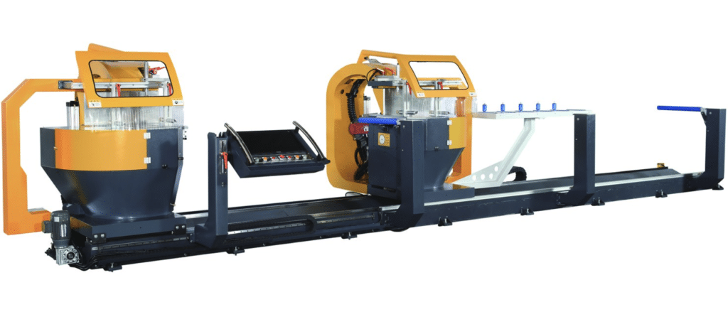 PMI-T5 CNC Automatic Double Head Compound Miter Upcut Saw, CNC double head aluminum saw, compound angle extrusion saw and automatic frame cutting machine.
