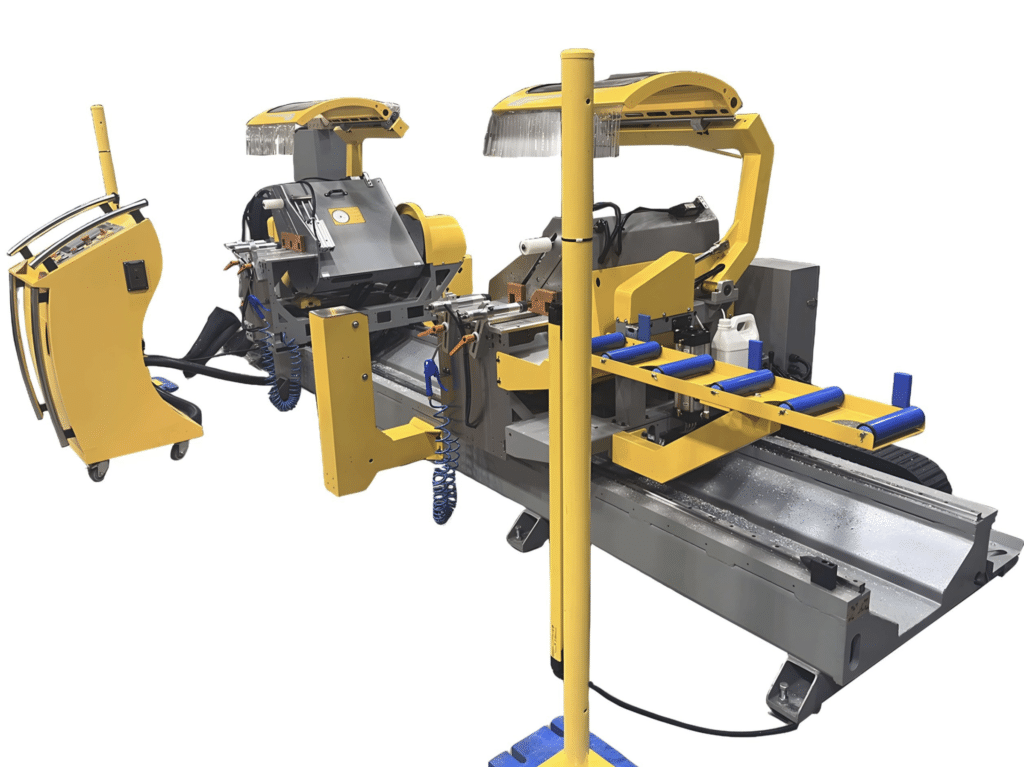 PMI-T3 CNC Automatic Double Head Miter Saw, automatic aluminum double miter saw, CNC extrusion frame cutting saw and programmable dual head profile saw.