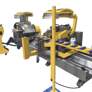 PMI-T3 CNC Automatic Double Head Miter Saw, automatic aluminum double miter saw, CNC extrusion frame cutting saw and programmable dual head profile saw.