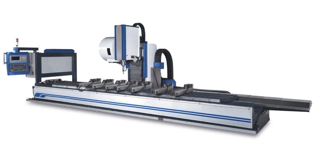 PMI-CNC M-Type 3-Axis Profile Machining Center for CNC metal profiles, long profile drilling and milling, and steel and aluminum profile machining.
