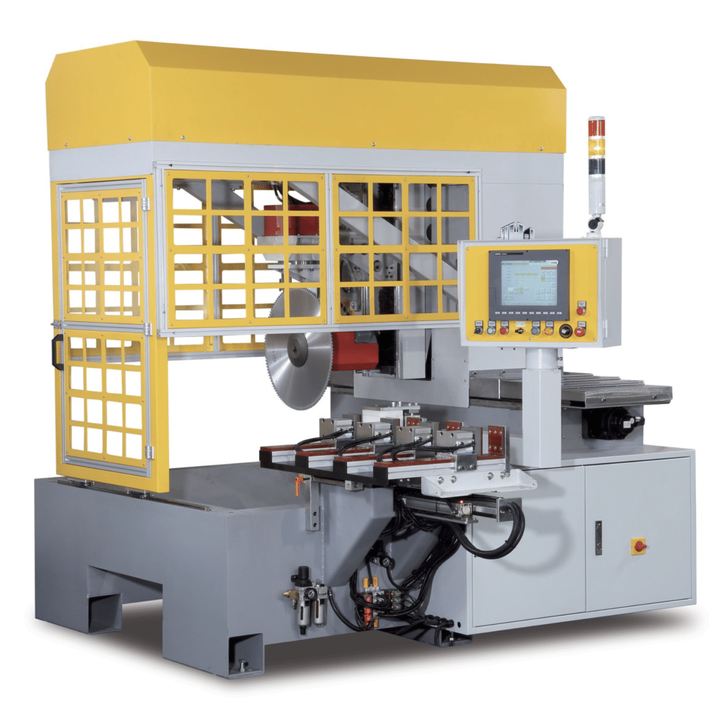 PMI-CNC 4S 4-Axis Notching Saw System, multi-axis aluminum notching saw, 4-axis CNC extrusion notching system and programmed aluminum profile notch machine.