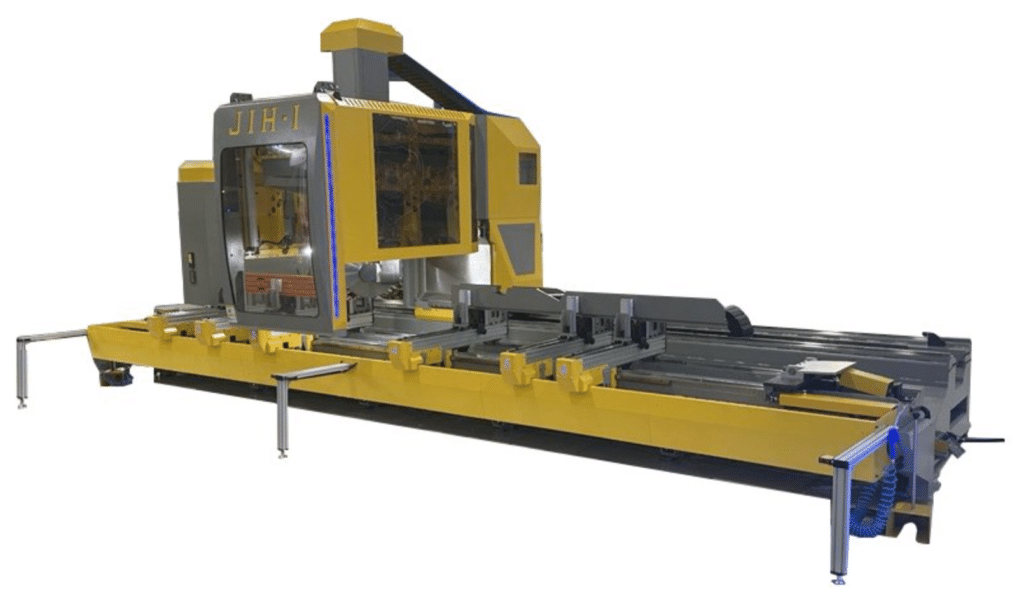PMI-CNC S-Type 5-Axis Profile Machining Center, 5-axis aluminum extrusion machining center, complex profile CNC machining and CNC profile machining and sawing system.