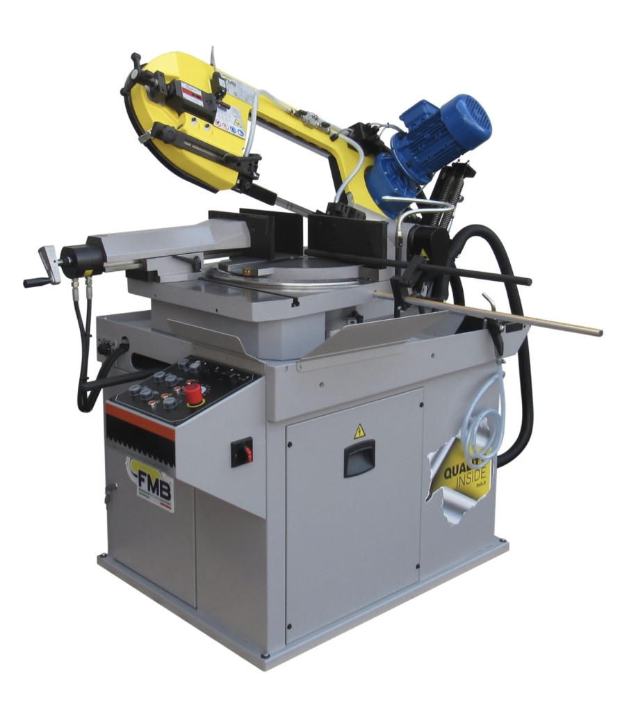 FMB Omega bandsaw, semi automatic double miter saw with hydraulic saw-head feed for straight and angled metal cutting.