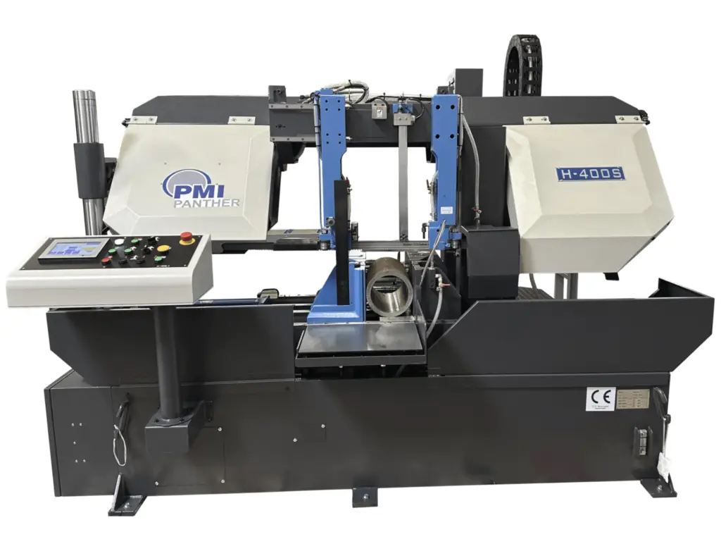 PMI Panther H-400S servo controlled automatic bandsaw, a 16 inch dual column bandsaw designed for automatic production cutting of metal stock.